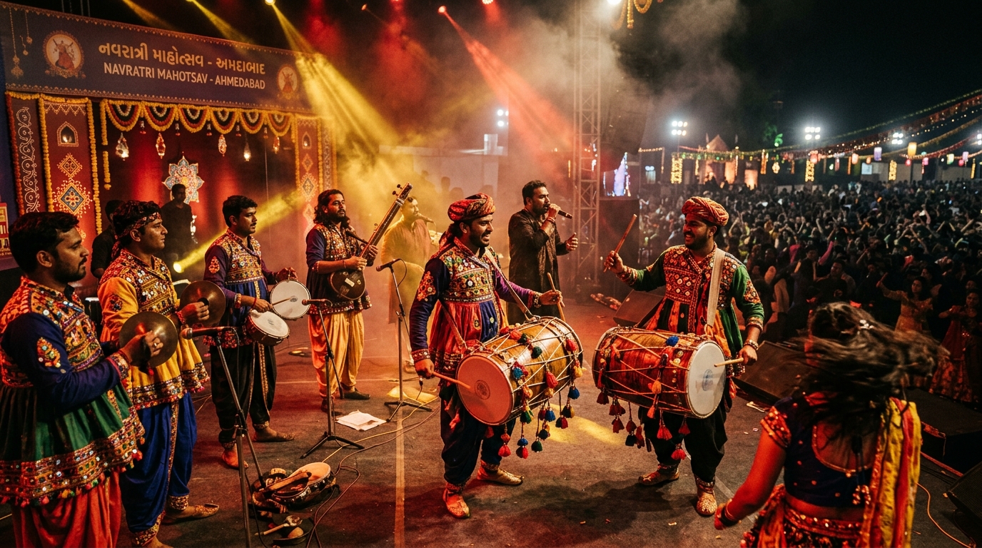 Nishad Soni and live folk musicians performing live on stage at Mandavadi Navratri in Ahmedabad