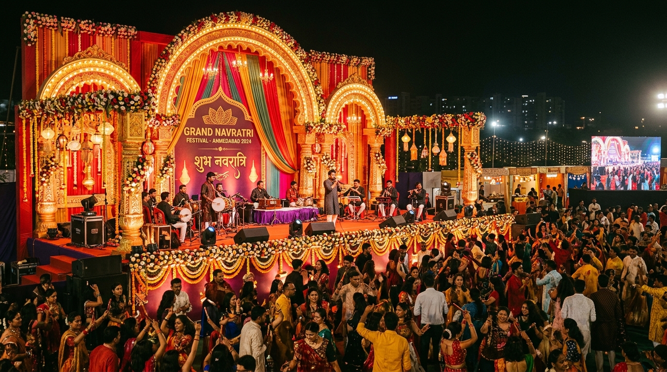 Grand Navratri festival stage with live music in Ahmedabad