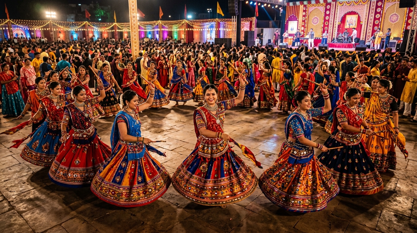 Dancers performing traditional 3-Taali and Dodhiyu Garba steps in Ahmedabad