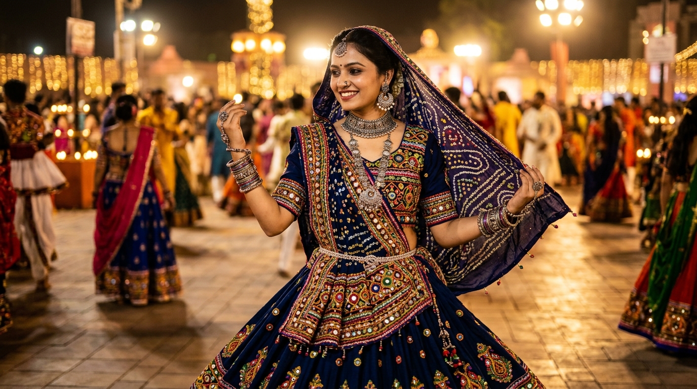 Woman dressed in traditional embroidered Kutchi Chaniya Choli with oxidized jewelry in Ahmedabad
