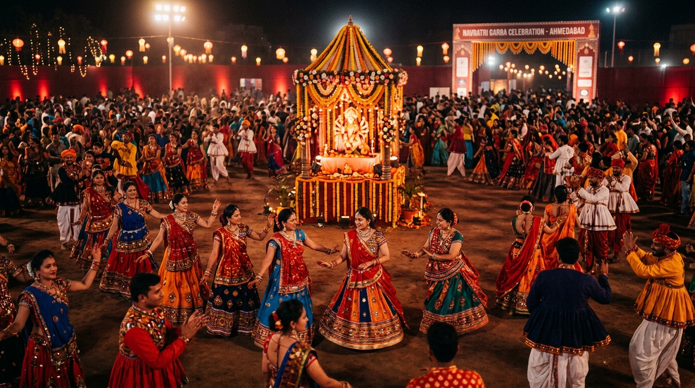 Devotees dancing in vibrant traditional attire during Navratri festival in Ahmedabad