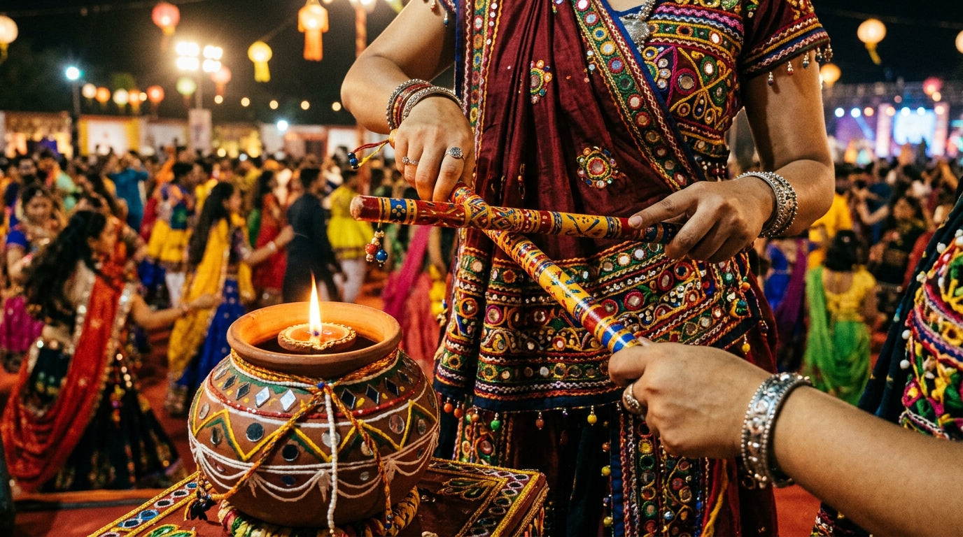 Traditional wooden dandiya sticks and illuminated earthen garbo with diya flame