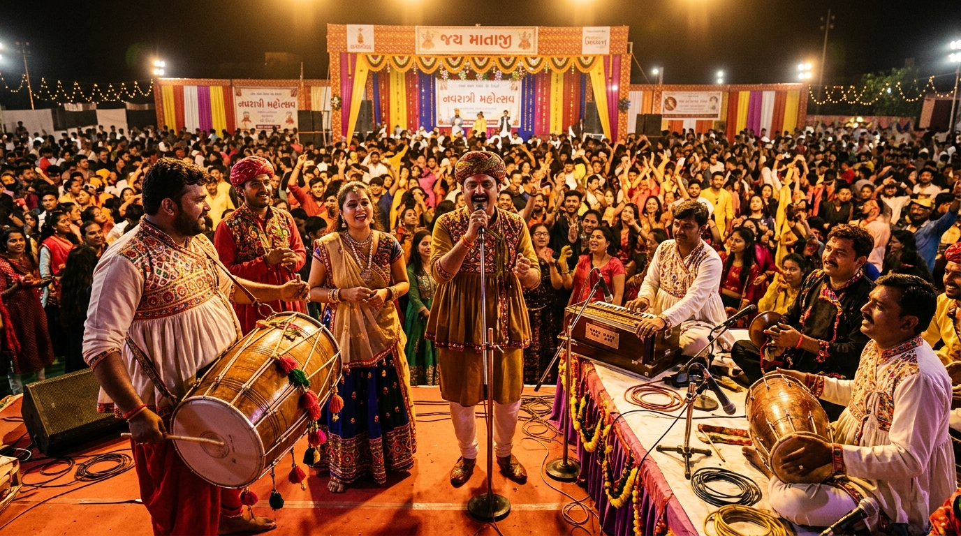 Live Gujarati folk music ensemble performing on stage at a festival concert in Gujarat