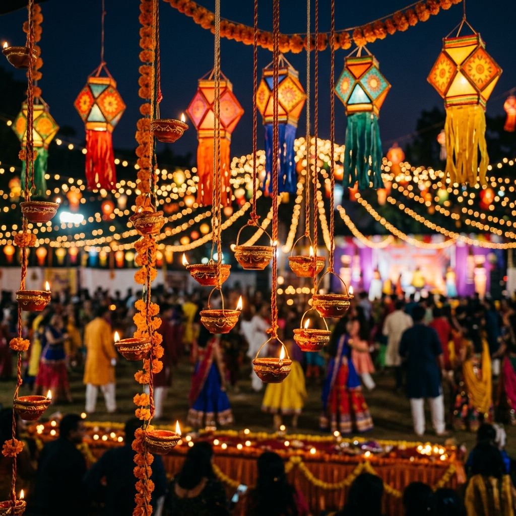 Joyful devotees clapping and celebrating Raas Garba under ambient festival lighting at Mandavadi